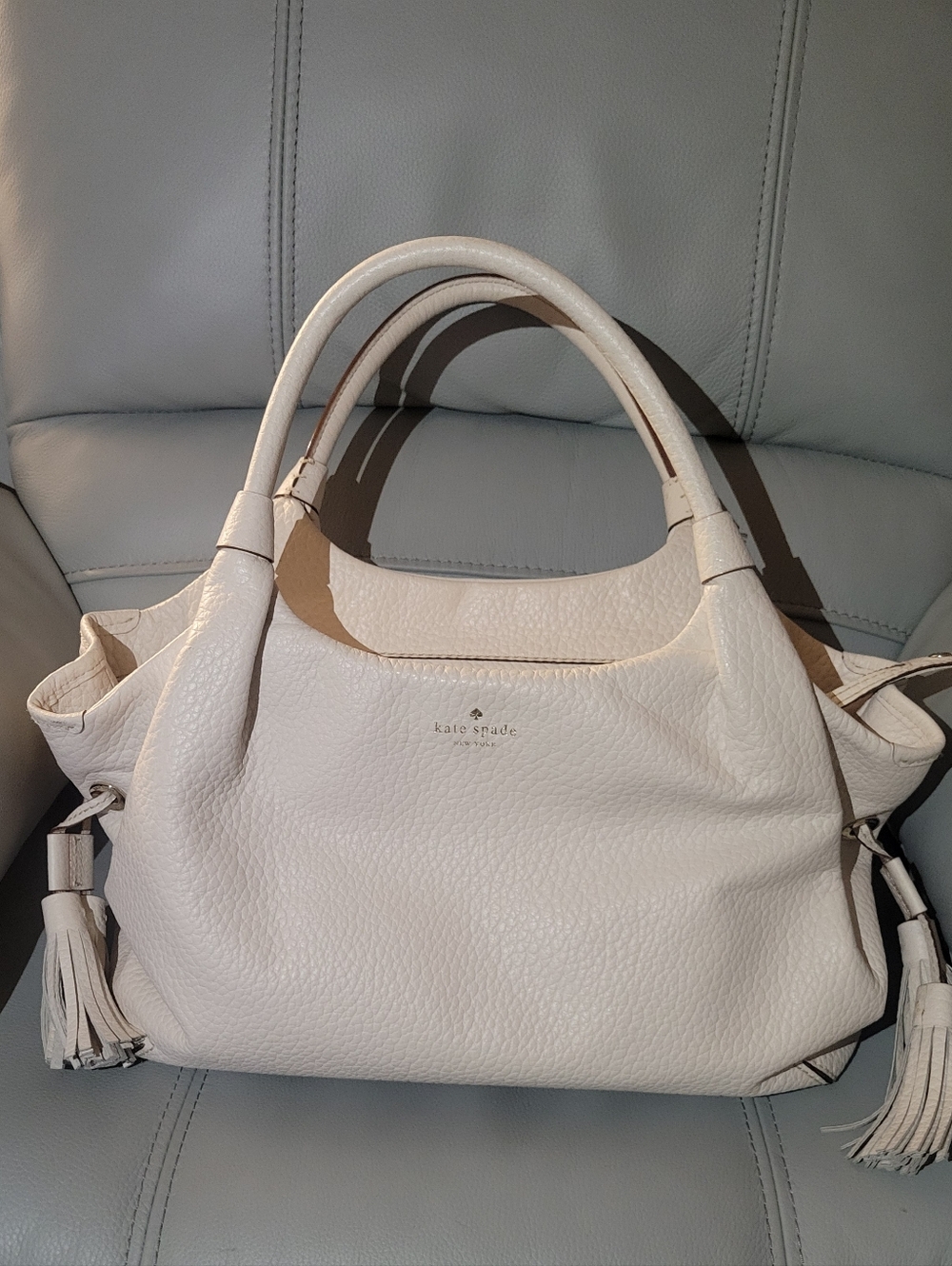 Kate Spade New York Clotted Cream Pebbled Tassel Polka Dot Gold Handbag - Read
